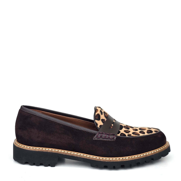 Filippa brown, loafers i semsket skinn og leopard pony