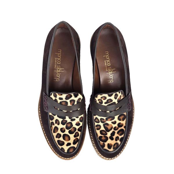 Filippa brown, loafers i semsket skinn og leopard pony