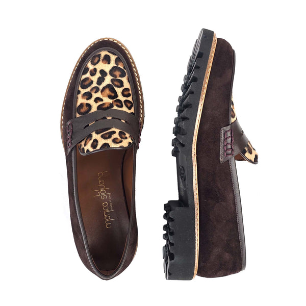 Filippa brown, loafers i semsket skinn og leopard pony