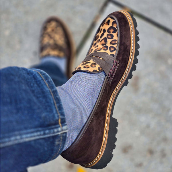 Filippa brown, loafers i semsket skinn og leopard pony