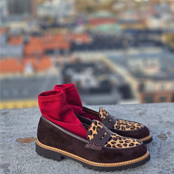 Filippa brown, loafers i semsket skinn og leopard pony