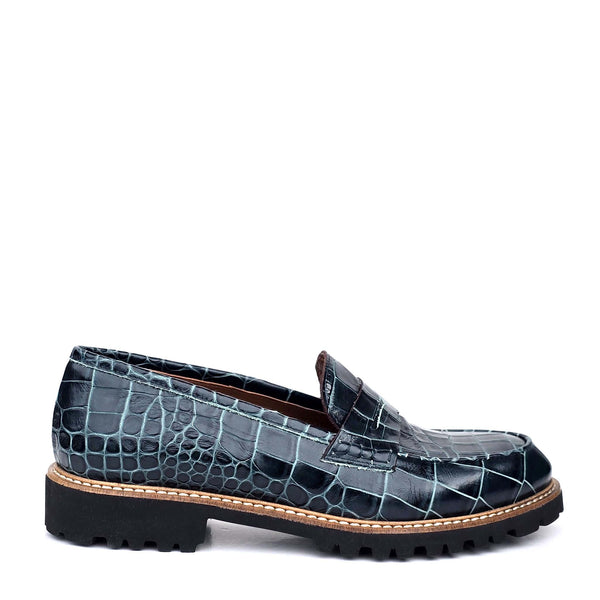 Filippa green penny loafers in calf leather with coco print