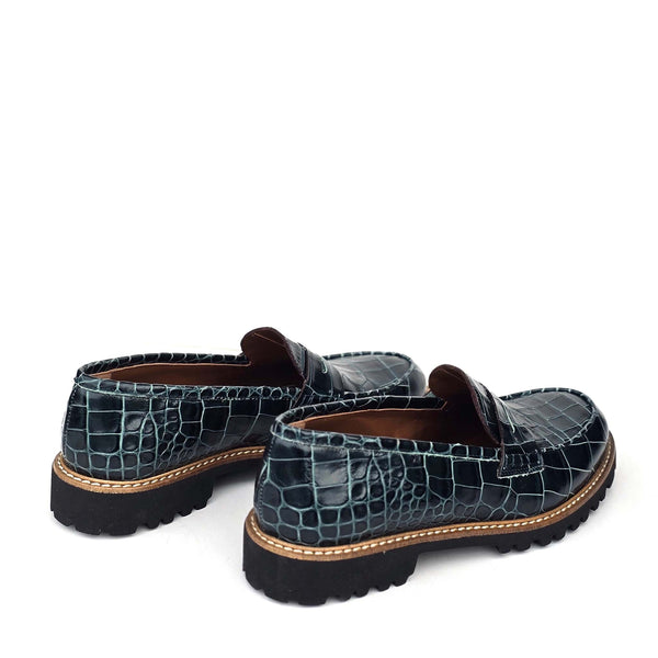 Filippa green penny loafers in calf leather with coco print