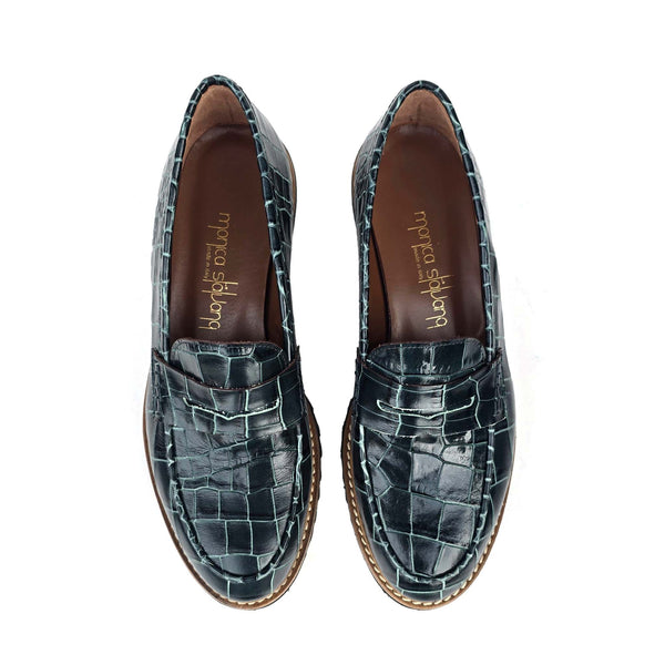 Filippa green penny loafers in calf leather with coco print