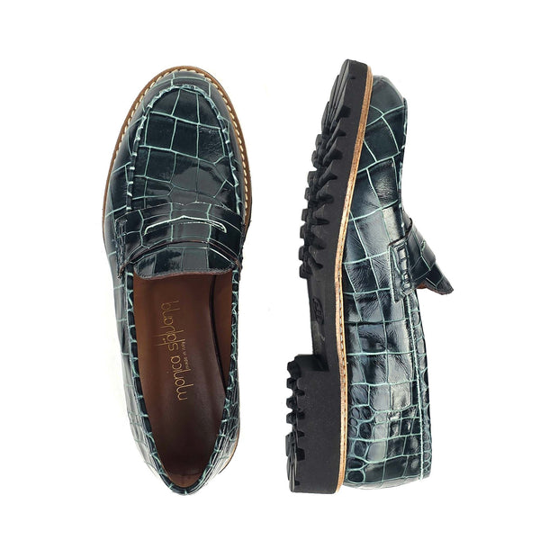 Filippa green penny loafers in calf leather with coco print