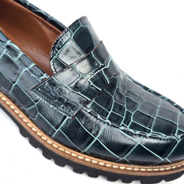 Filippa green penny loafers in calf leather with coco print