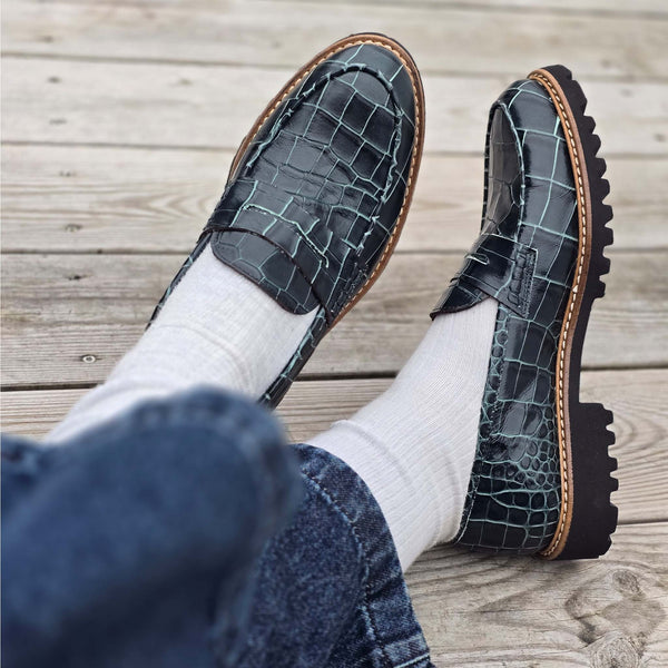 Filippa green penny loafers in calf leather with coco print