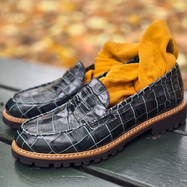 Filippa green penny loafers in calf leather with coco print