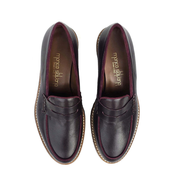 Filippa wine, penny loafers in calf leather and suede