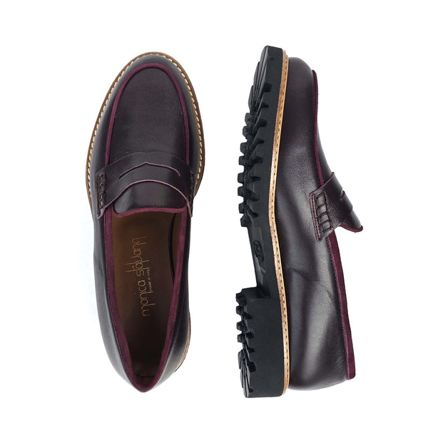 Filippa wine, penny loafers in calf leather and suede