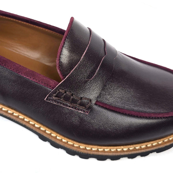 Filippa wine, penny loafers in calf leather and suede