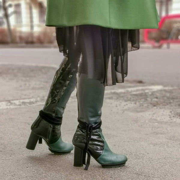 Beatrice green - Green and black leather boots
